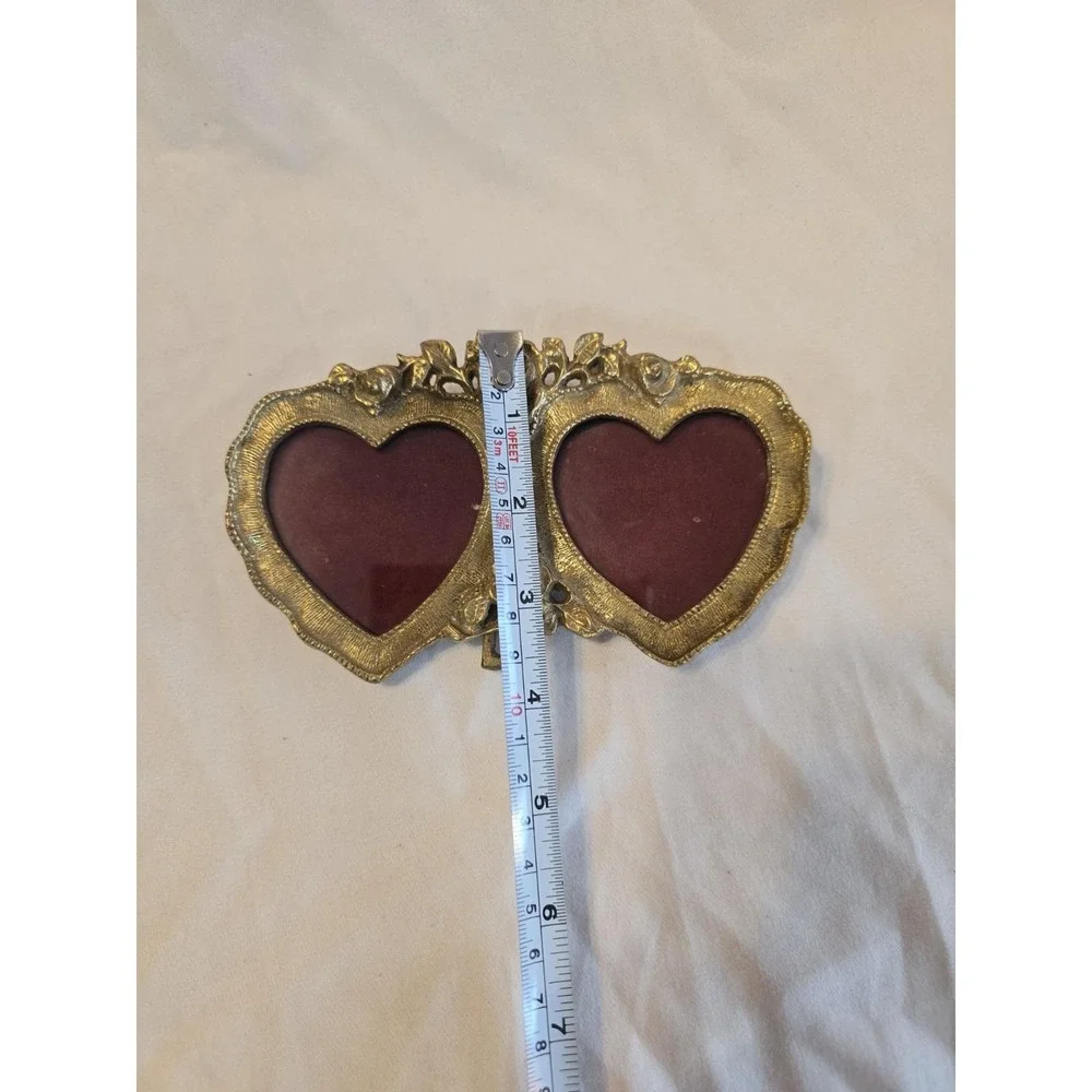 Solid Brass Ornate Double Heart Picture Frame With Roses Decorative Decor